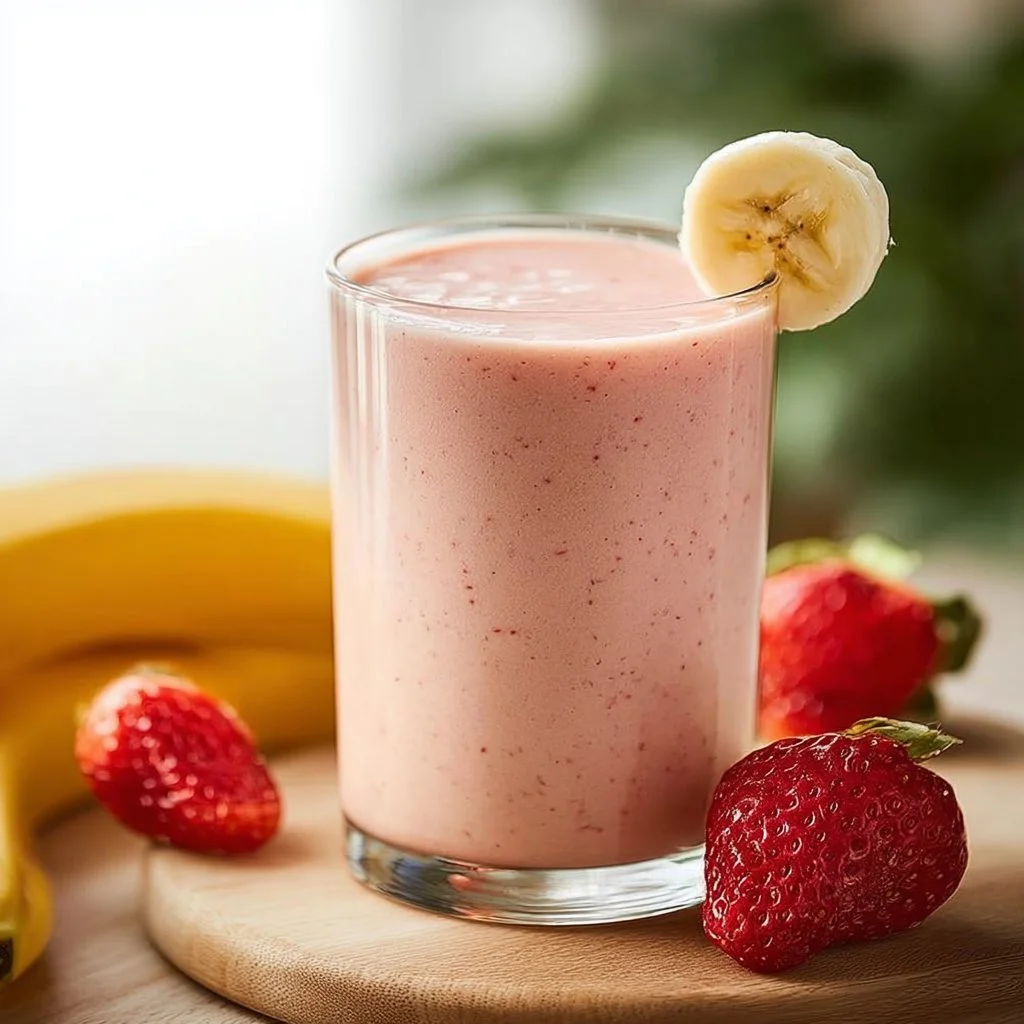 Energizing strawberry banana protein smoothie in a glass with fresh fruit
