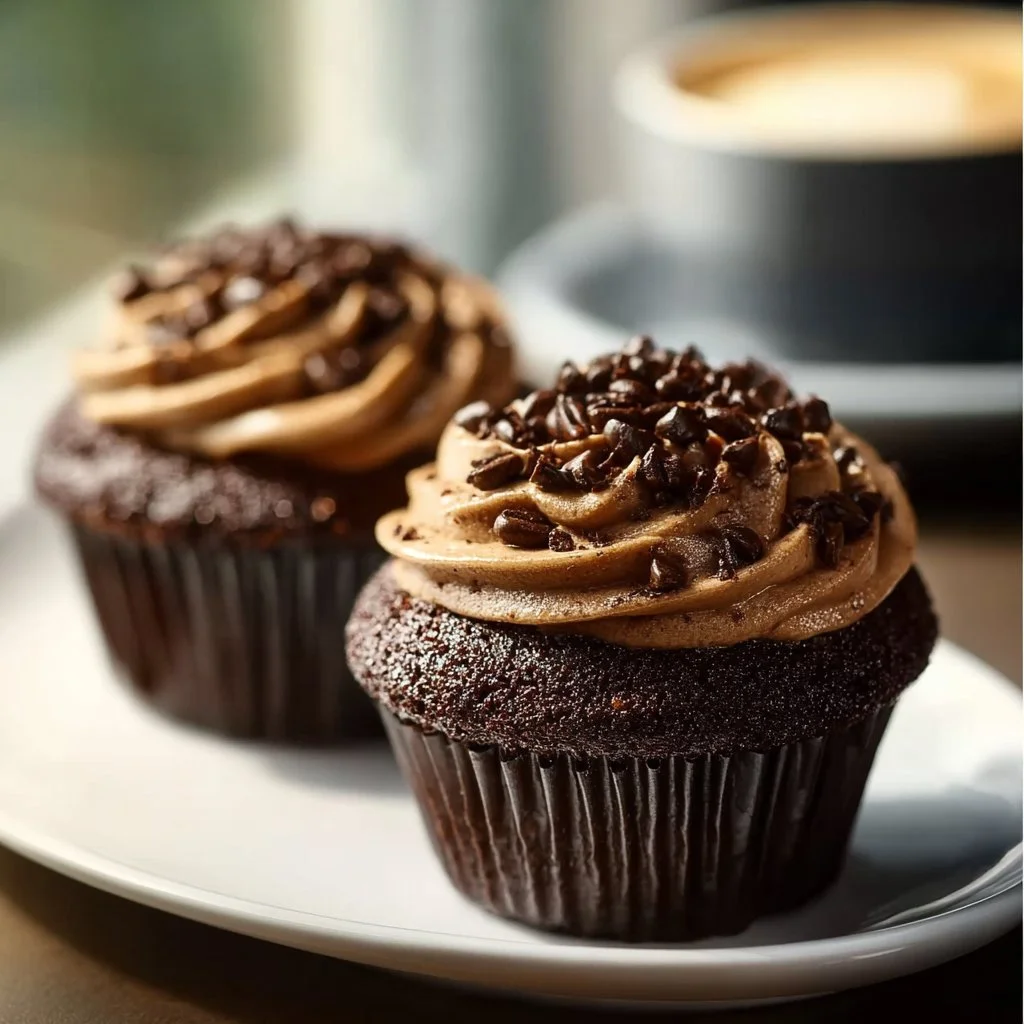 Delicious espresso brownie cupcakes topped with chocolate frosting.