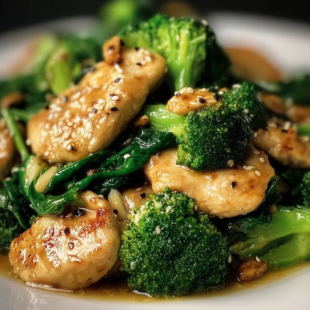 Garlic Chicken with Broccoli and Spinach dish garnished for a healthy meal
