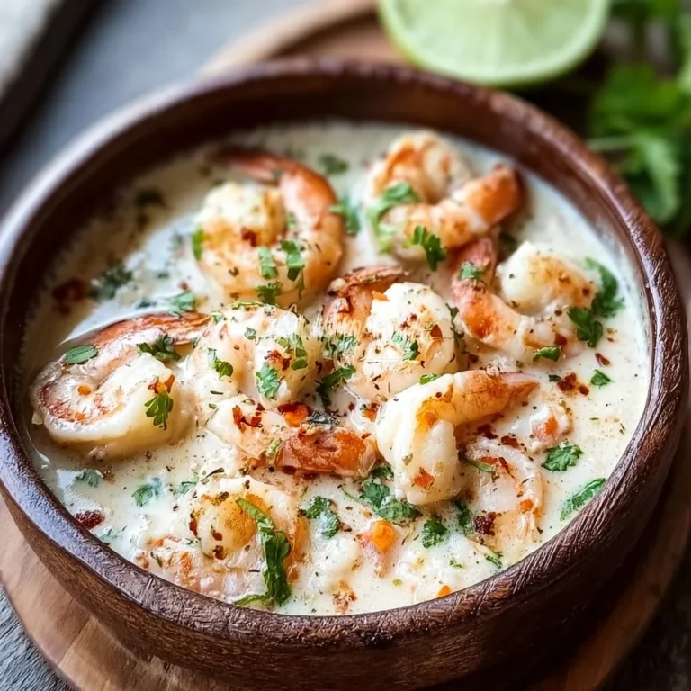 Plate of Garlic Shrimp in Coconut Milk garnished with herbs