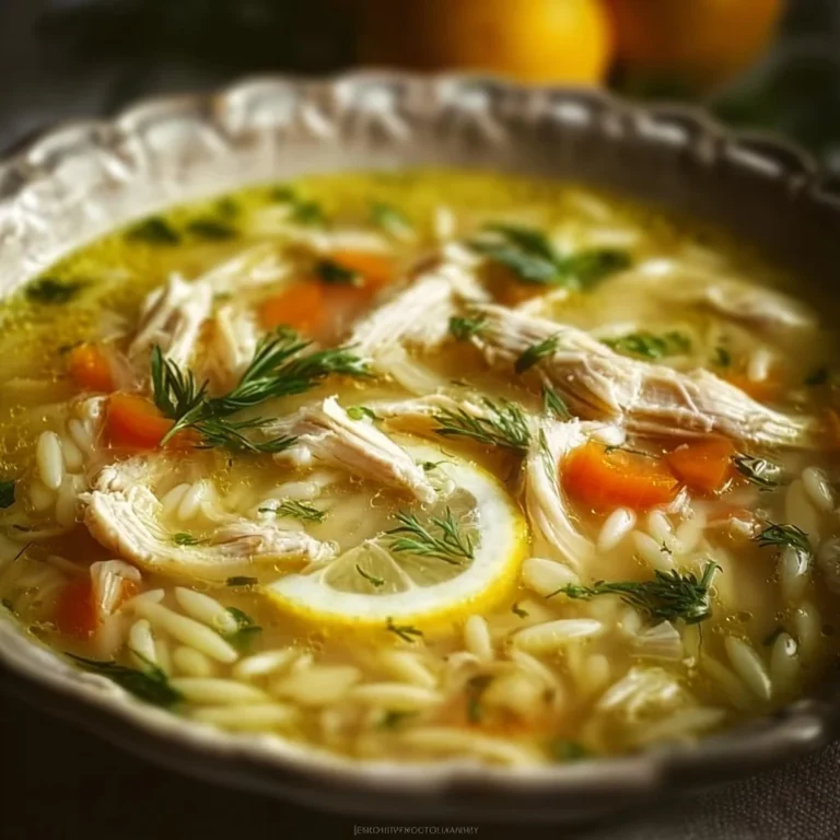 Bowl of Greek Lemon Chicken Soup garnished with fresh herbs.