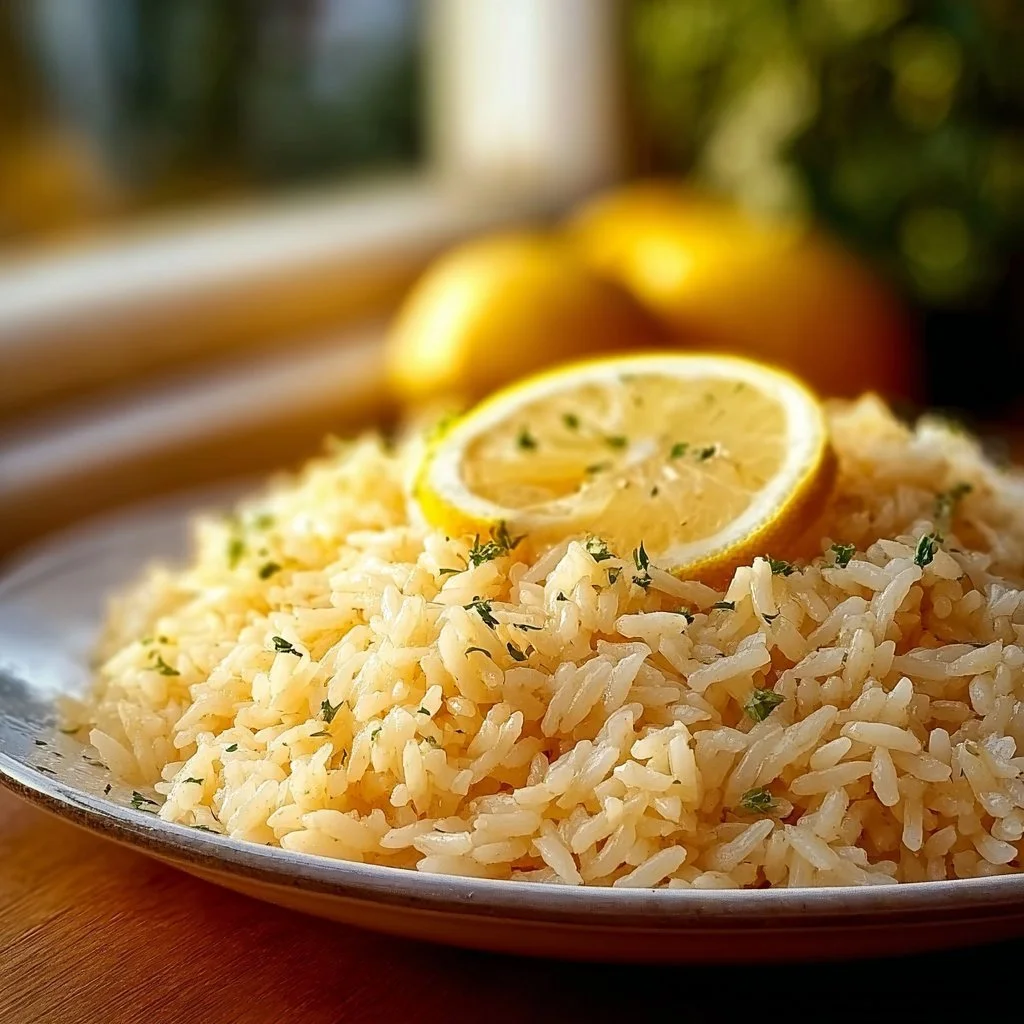Bowl of Greek Lemon Rice garnished with fresh herbs and lemon slices