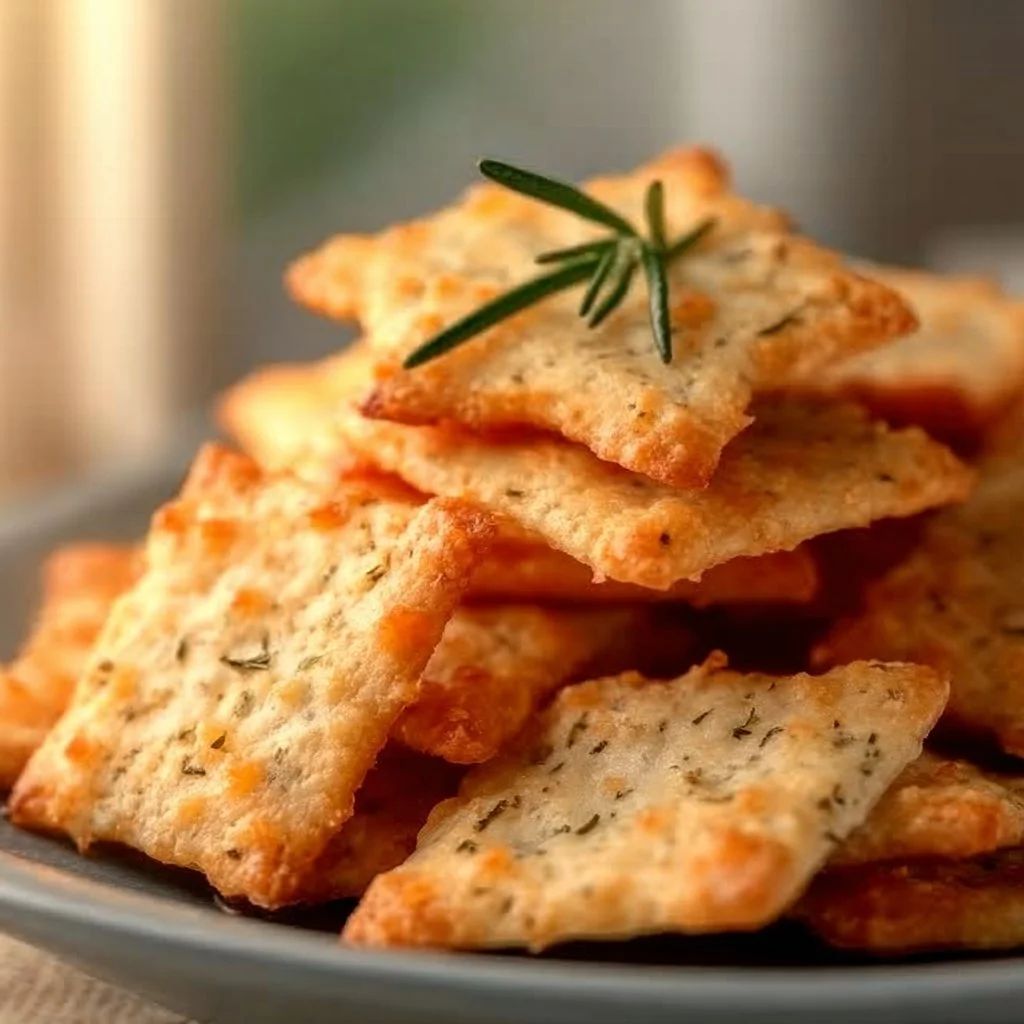 Homemade Parmesan Rosemary Crackers on a wooden cutting board