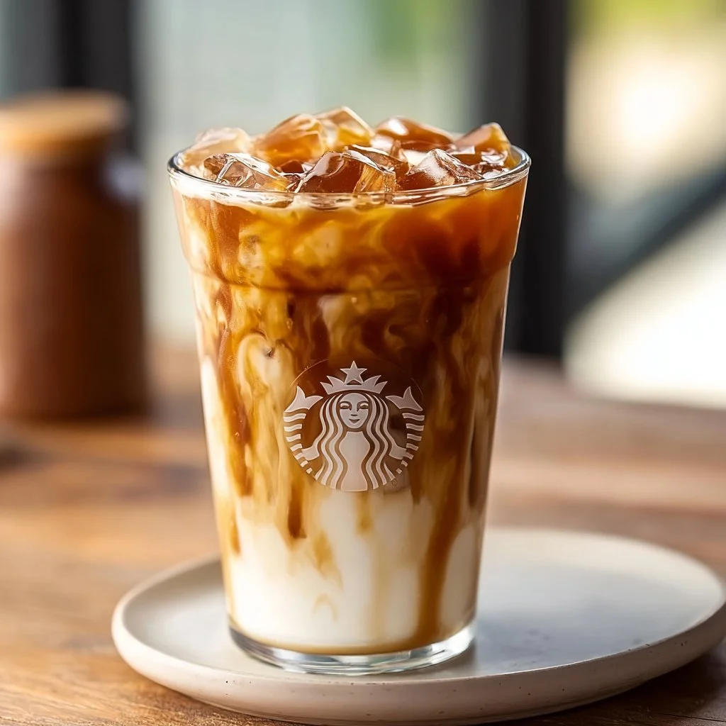 Delicious Iced Caramel Macchiato with layers of espresso and caramel drizzle