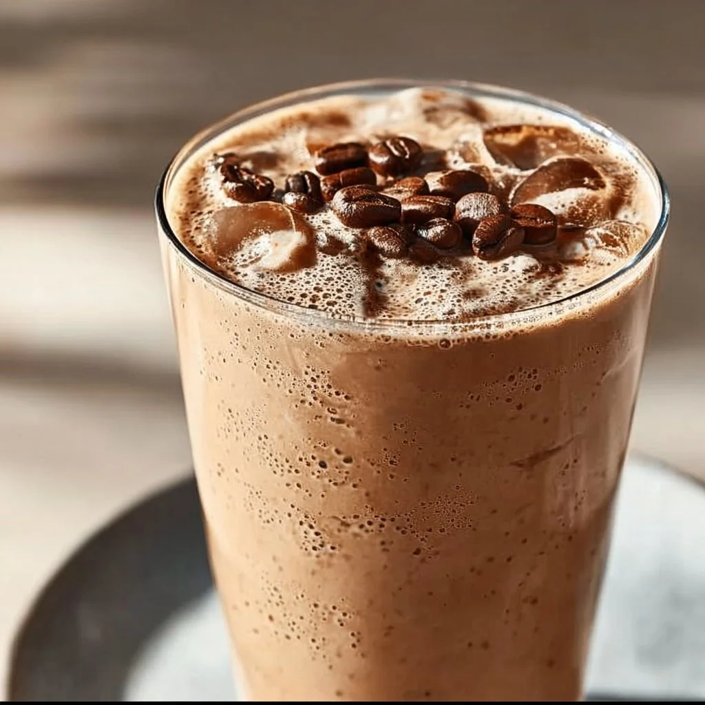 Iced coffee breakfast smoothie without banana served in a glass.