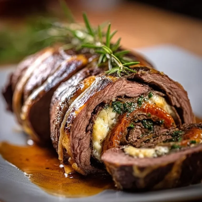 Italian stuffed flank steak sliced and plated, garnished with herbs.