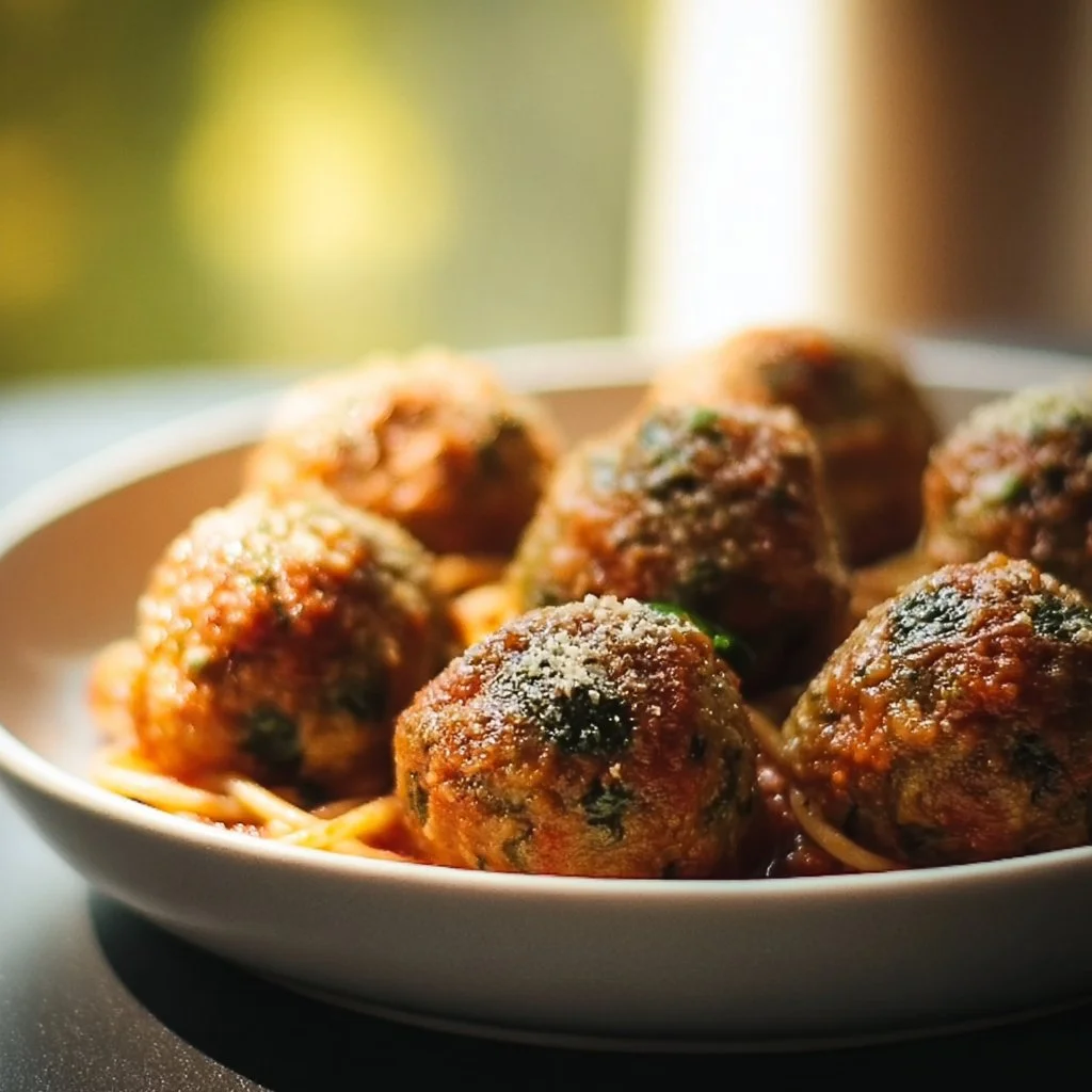 Delicious Italian vegetable meatballs served with sauce and herbs