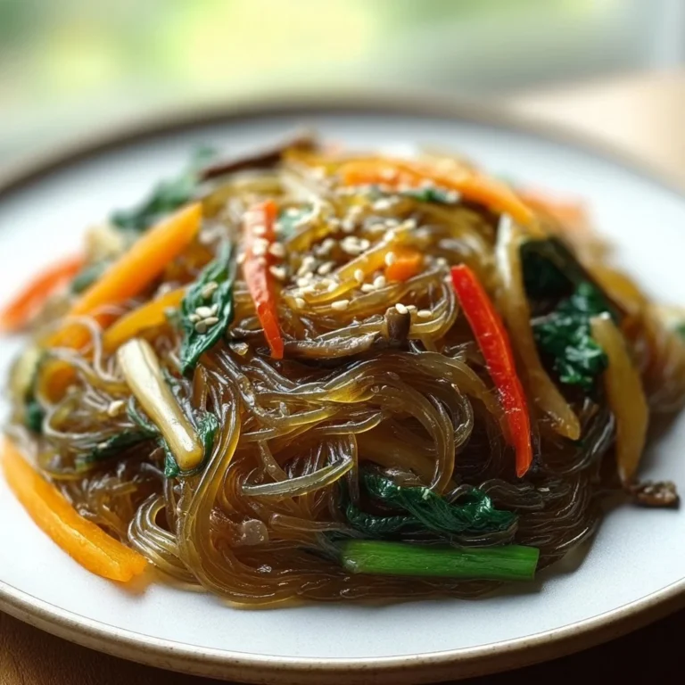 Bowl of Japchae, traditional Korean sweet potato noodle dish with vegetables and beef