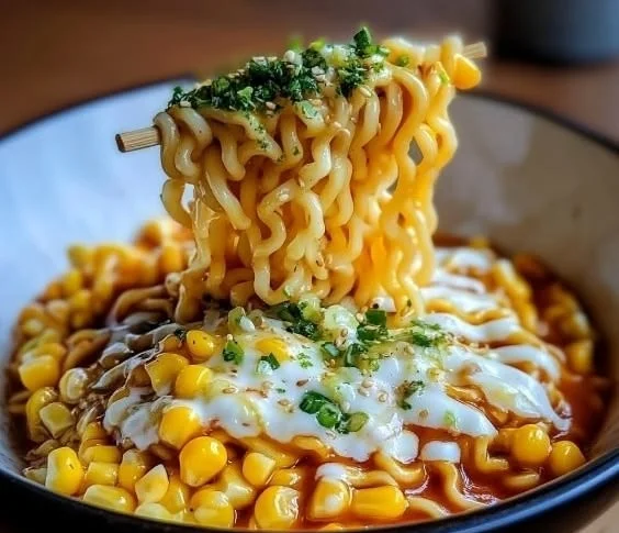 Delicious bowl of Korean corn cheese instant ramen noodles