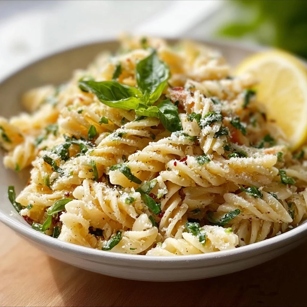 Bowl of Lemon Basil Parmesan Pasta Salad garnished with fresh herbs