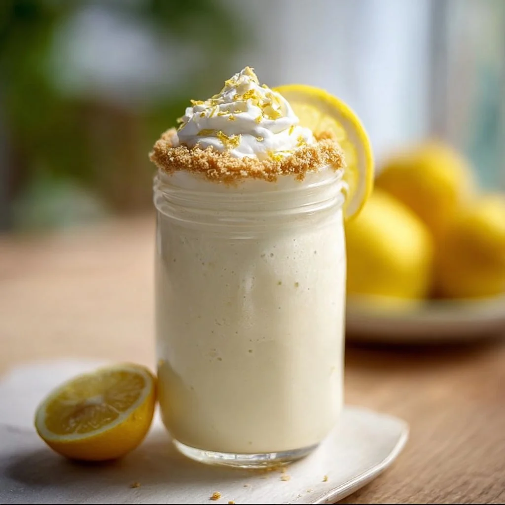 Lemon Cream Pie Vegan Protein Shake with garnishes in a glass