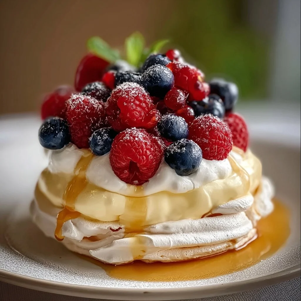 Delicious Lemon Curd Pavlova topped with fresh berries and whipped cream