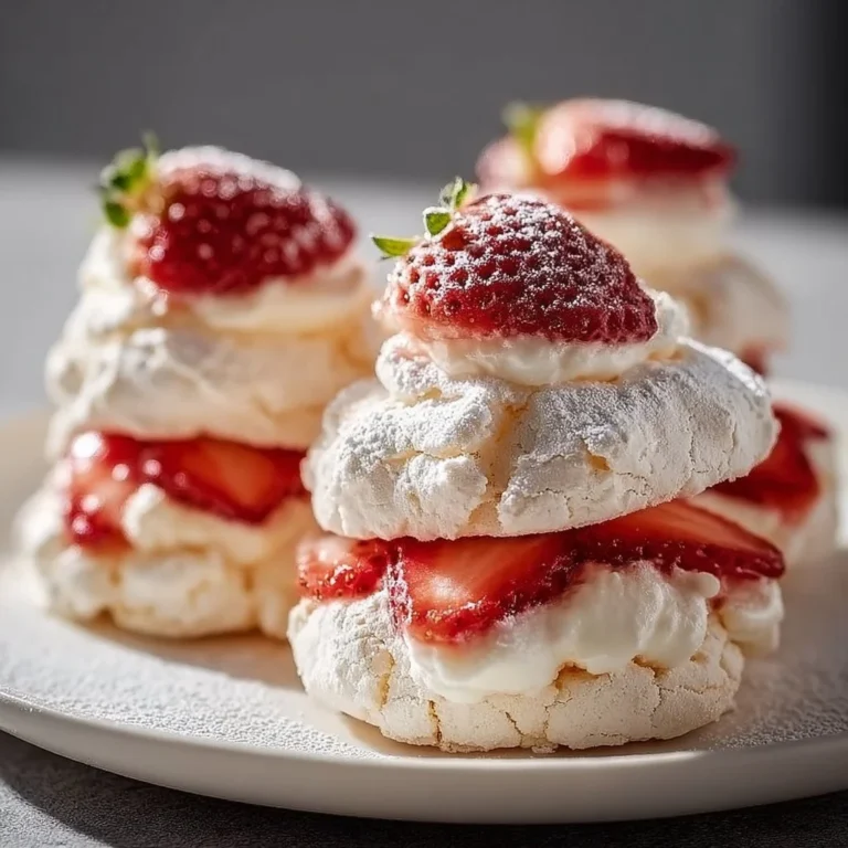 Light and fluffy strawberry pavlova cookies with whipped cream and fresh strawberries.