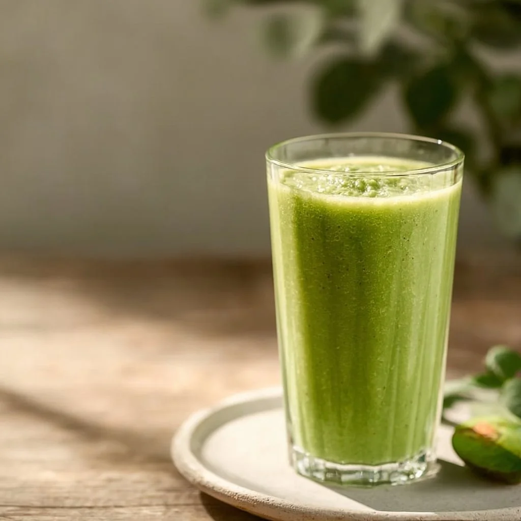 Refreshing low sugar green smoothie made with spinach, kale, and fresh fruit.