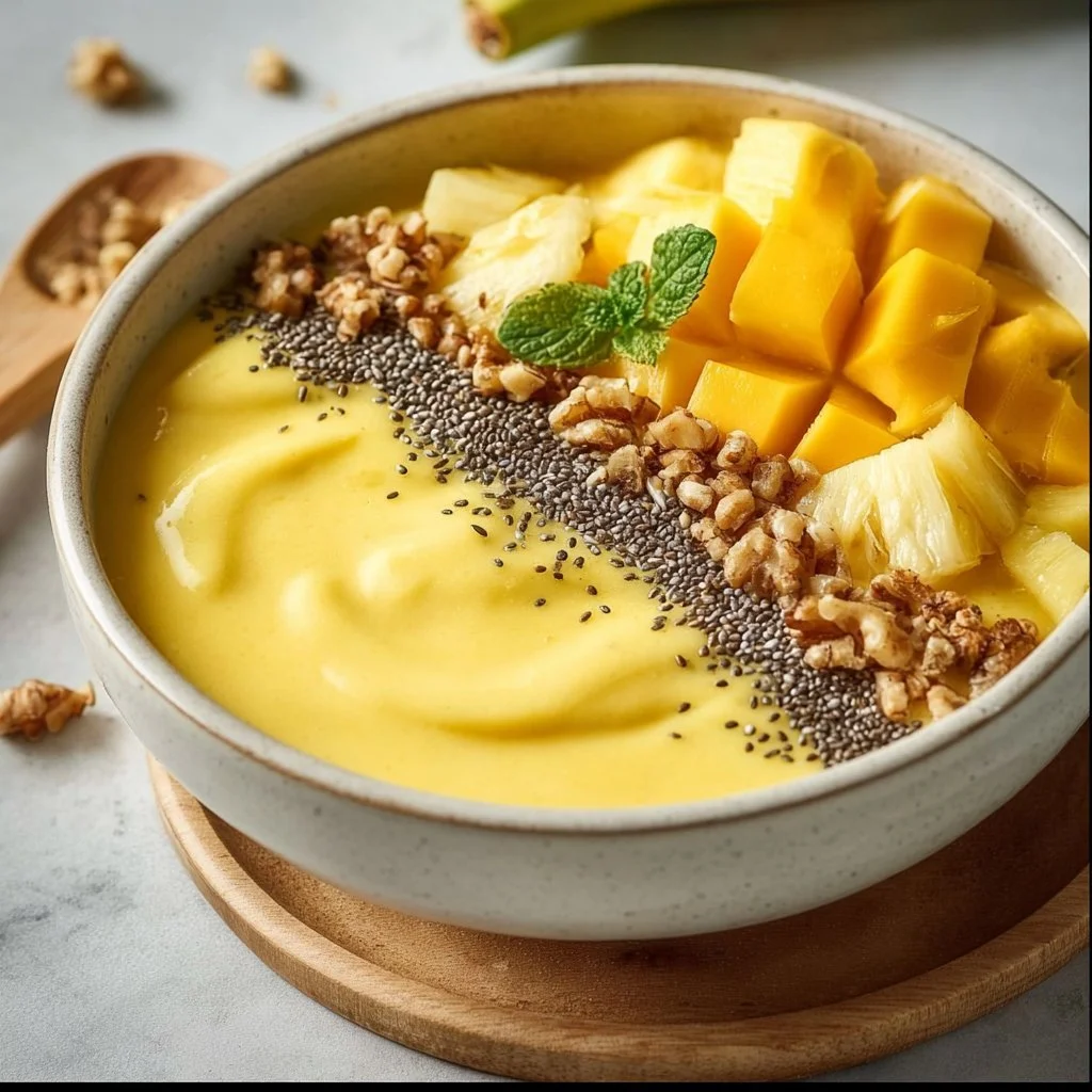 Mango Pineapple Smoothie Bowl topped with fresh fruits and seeds
