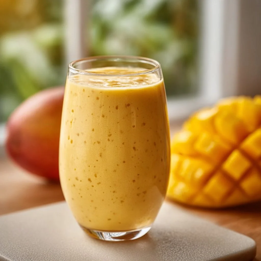 Delicious mango protein smoothie served in a glass with tropical fruit slice garnish.