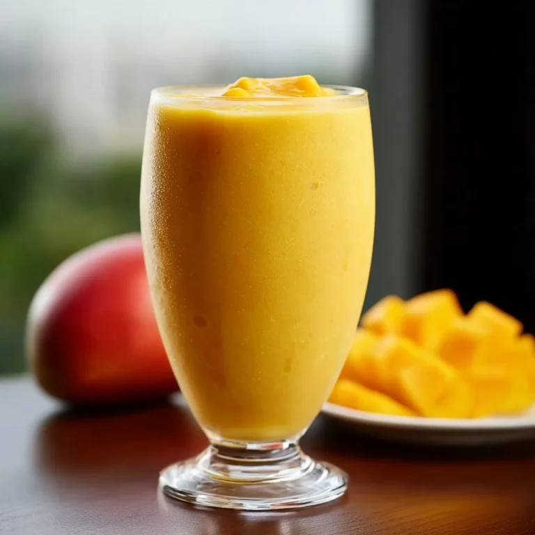 Delicious mango smoothie served in a glass with a straw and fresh mango pieces.