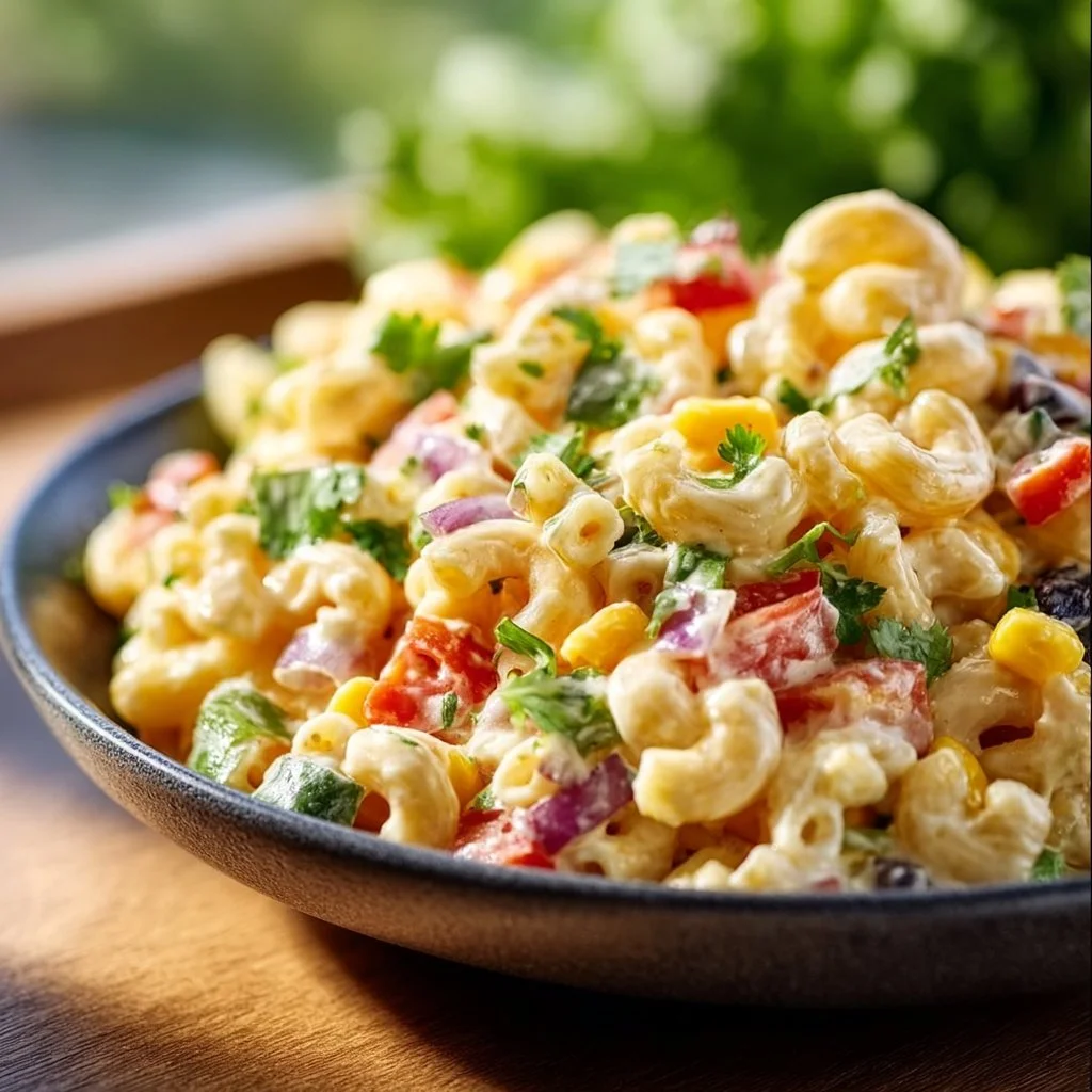 Bowl of colorful Mexican Macaroni Salad with vegetables and spices.