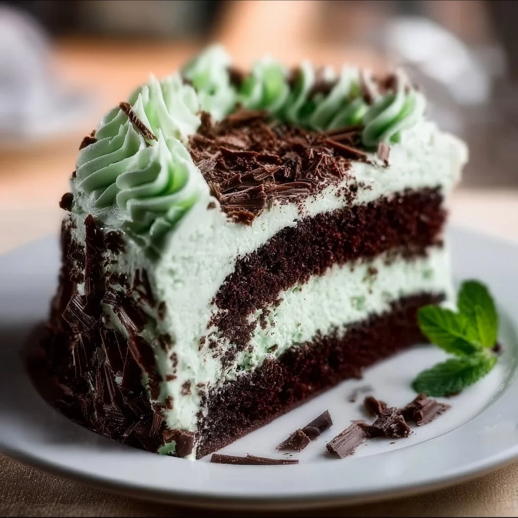 Slice of mint chocolate chip cake with mint leaves and chocolate chips