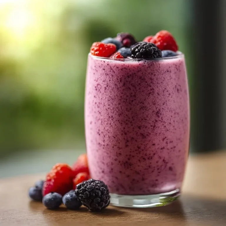 A vibrant mixed berry smoothie filled with strawberries, blueberries, and raspberries.