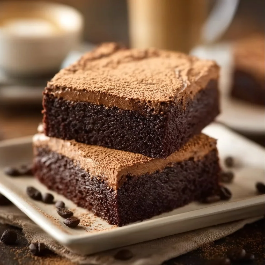Delicious mocha brownies topped with chocolate chips and coffee flavor