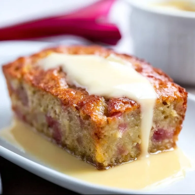 Moist rhubarb cake served with a creamy butter sauce