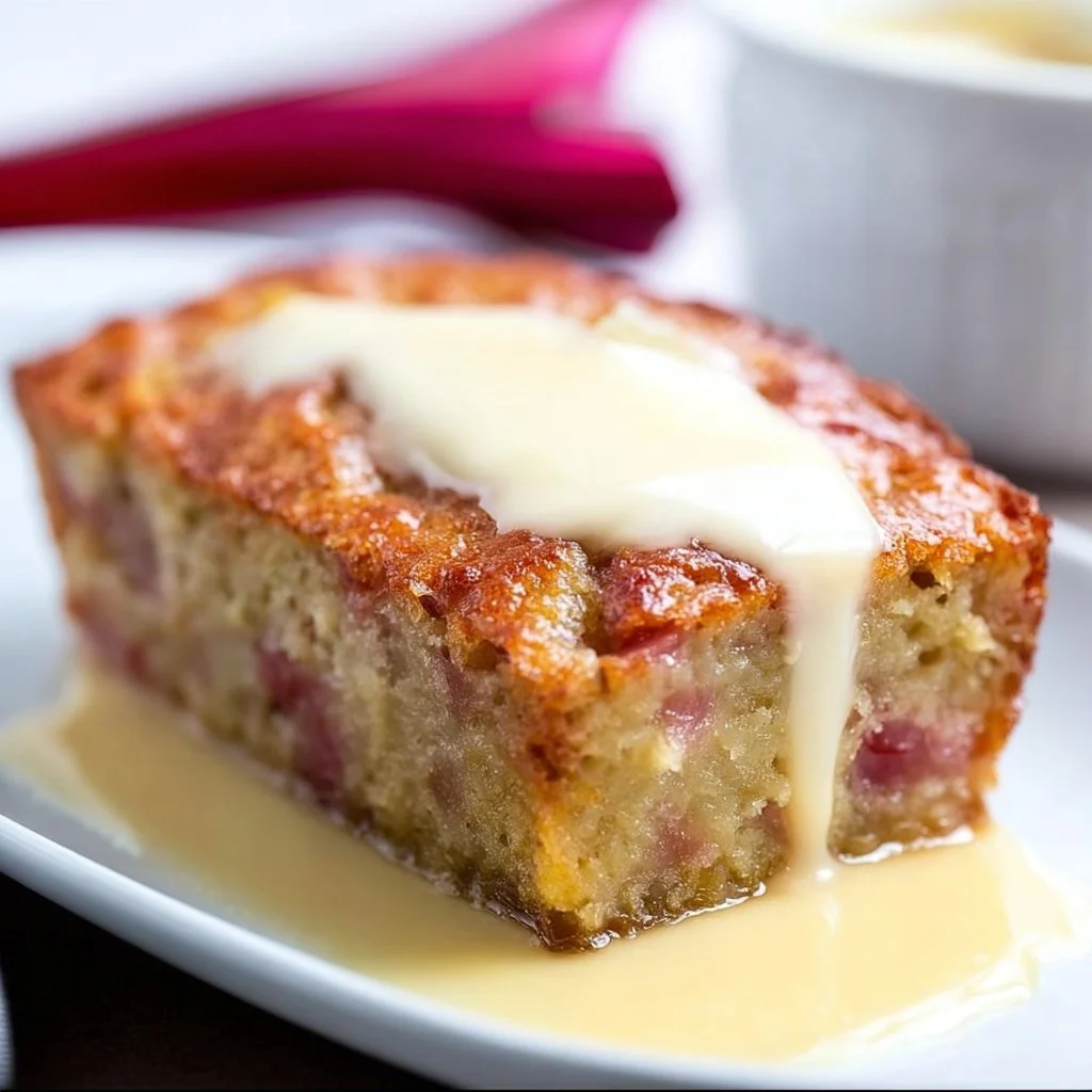 Moist rhubarb cake served with a creamy butter sauce