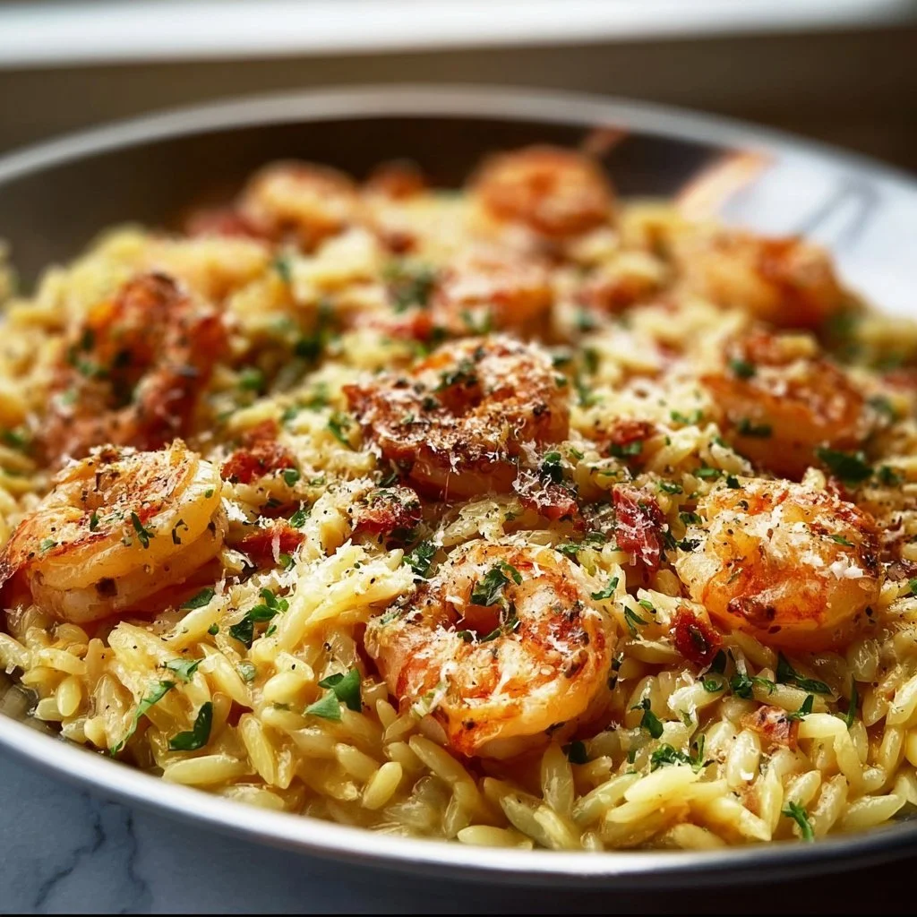 One Pan Parmesan Orzo with Shrimp garnished with herbs and served in a skillet