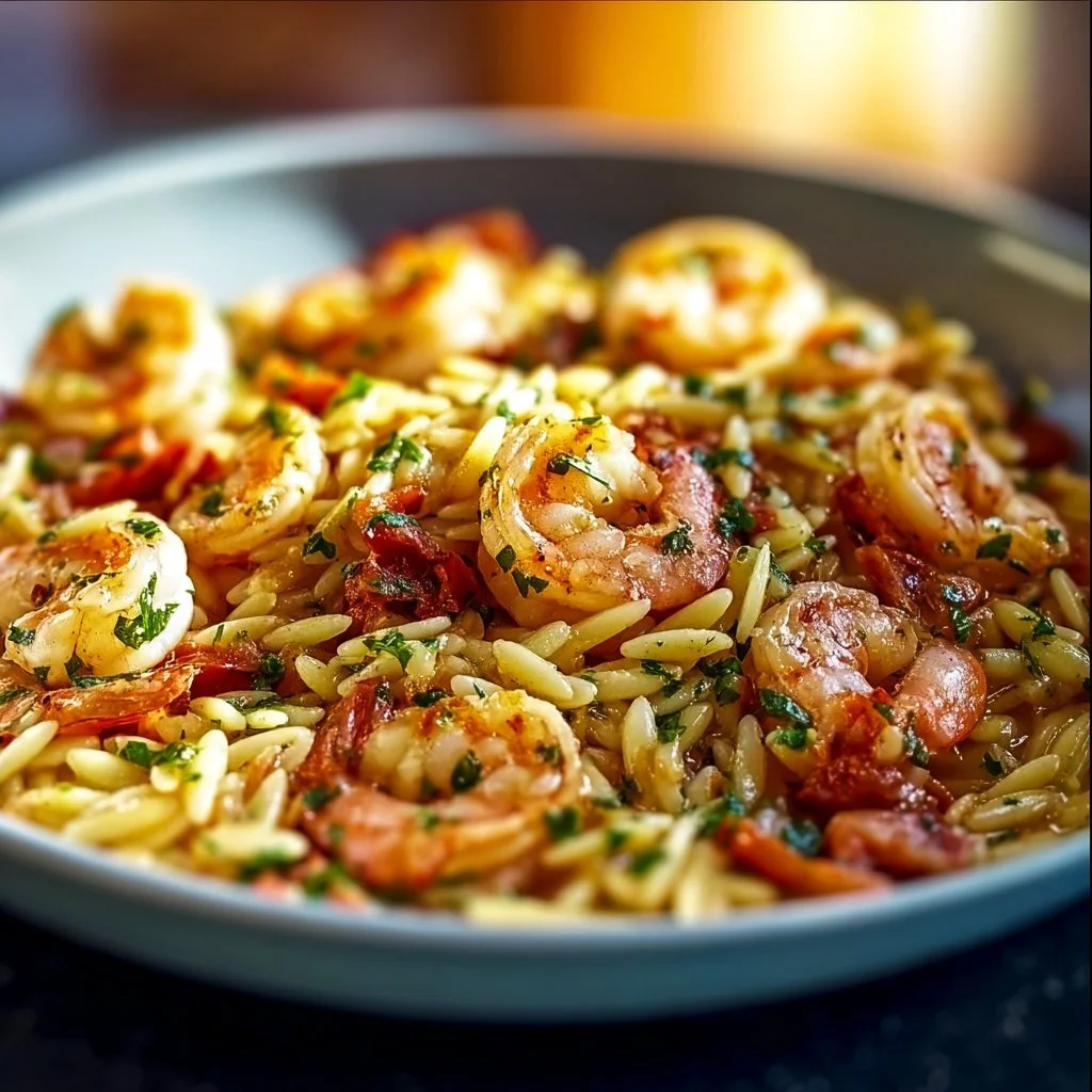 One Pot Marry Me Shrimp and Orzo Pasta in a skillet, garnished with parsley.
