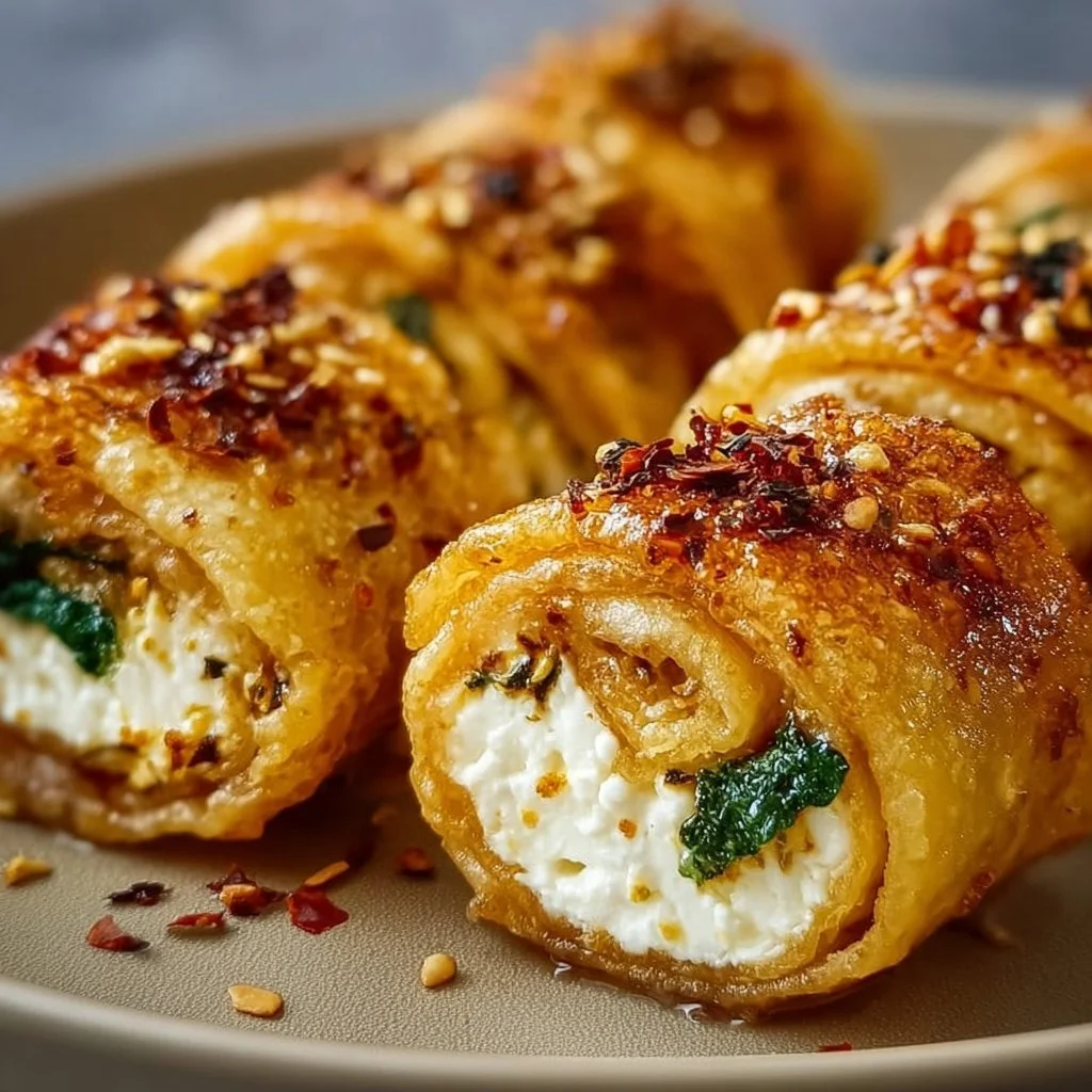 Crispy oven fried feta rolls served on a plate, garnished with herbs.