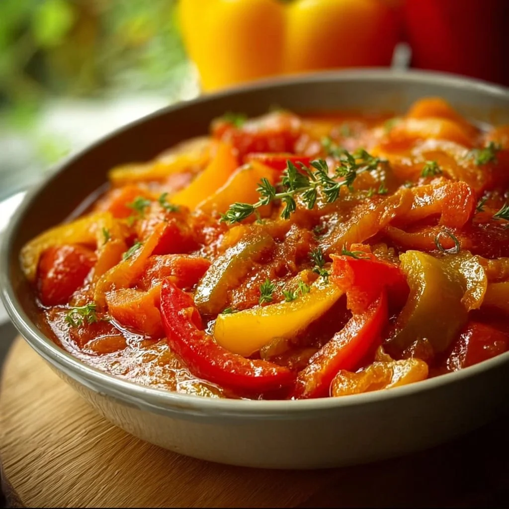 Colorful peperonata made with bell peppers, tomatoes, and herbs served on a plate.