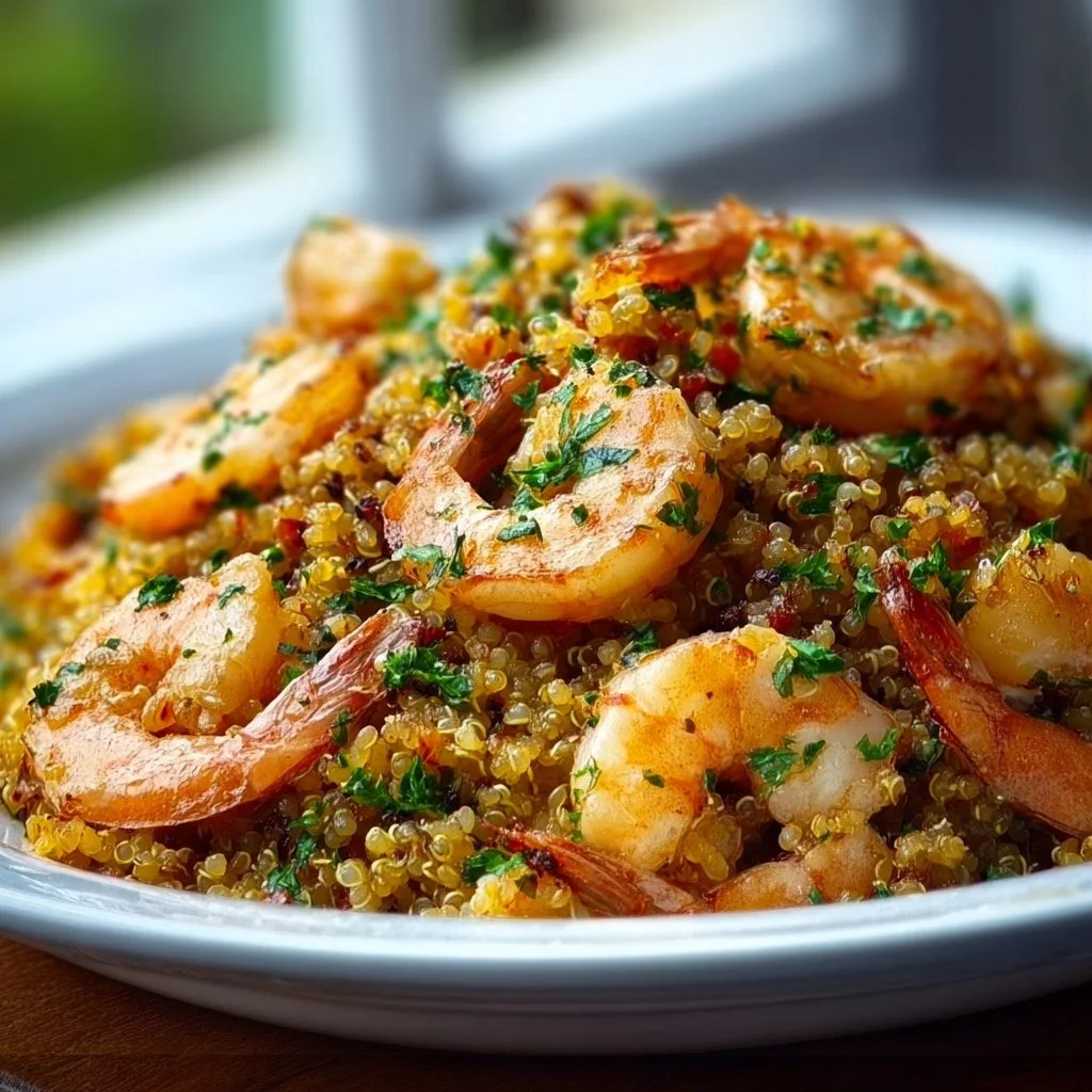 Persian Shrimp Rice with Quinoa garnished with herbs and spices