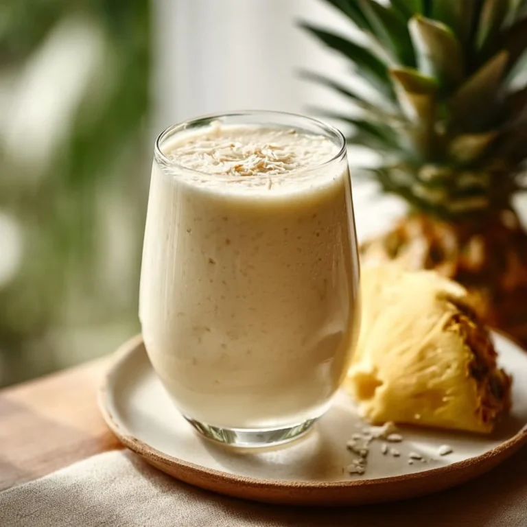Delicious pineapple coconut smoothie in a glass with tropical fruits