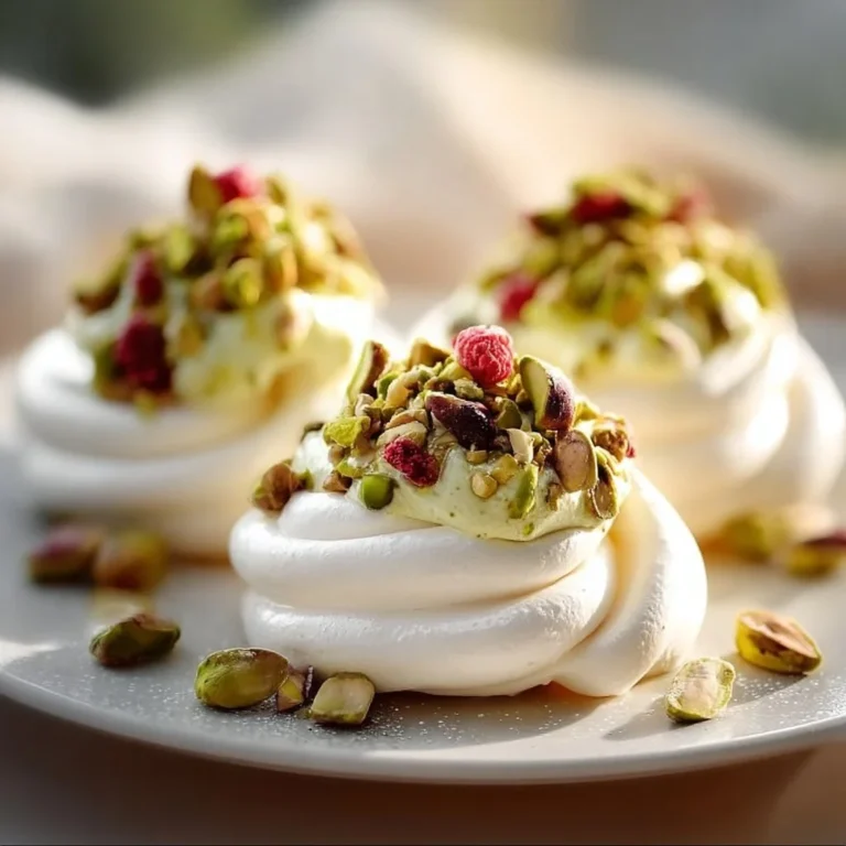Pistachio Mini Pavlova nests with toppings of cream and chopped pistachios