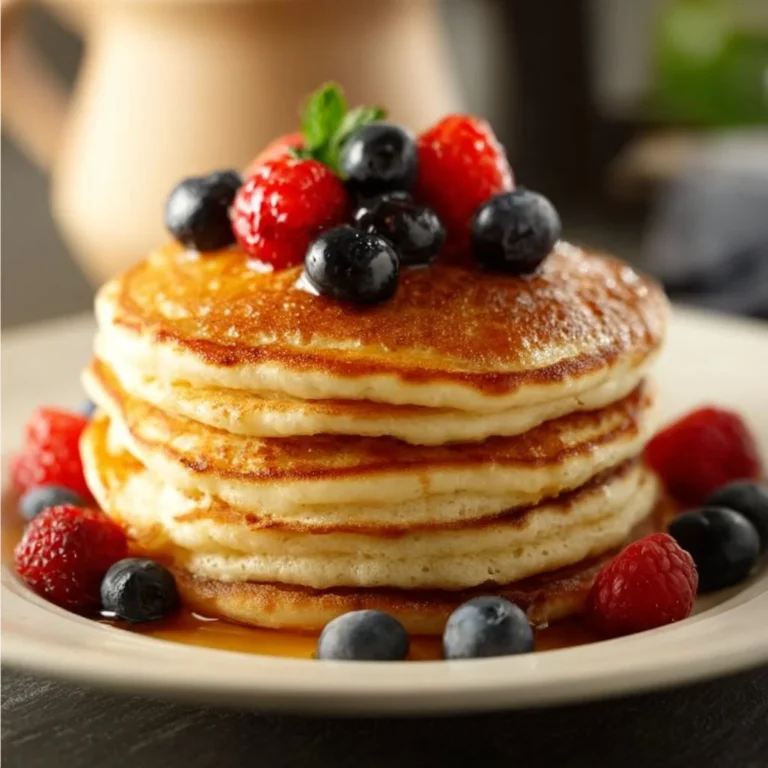 Stack of fluffy protein pancakes topped with berries and syrup