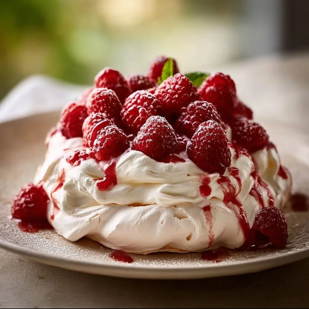 Delicious Raspberry Pavlova topped with fresh raspberries and whipped cream