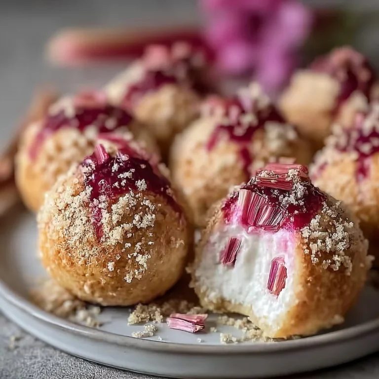 Rhubarb cheesecake bombs with a creamy filling and graham cracker crust.