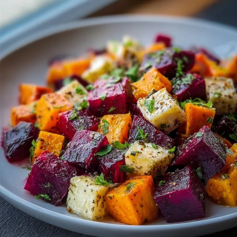 Colorful roasted beet and sweet potato salad with greens and dressing