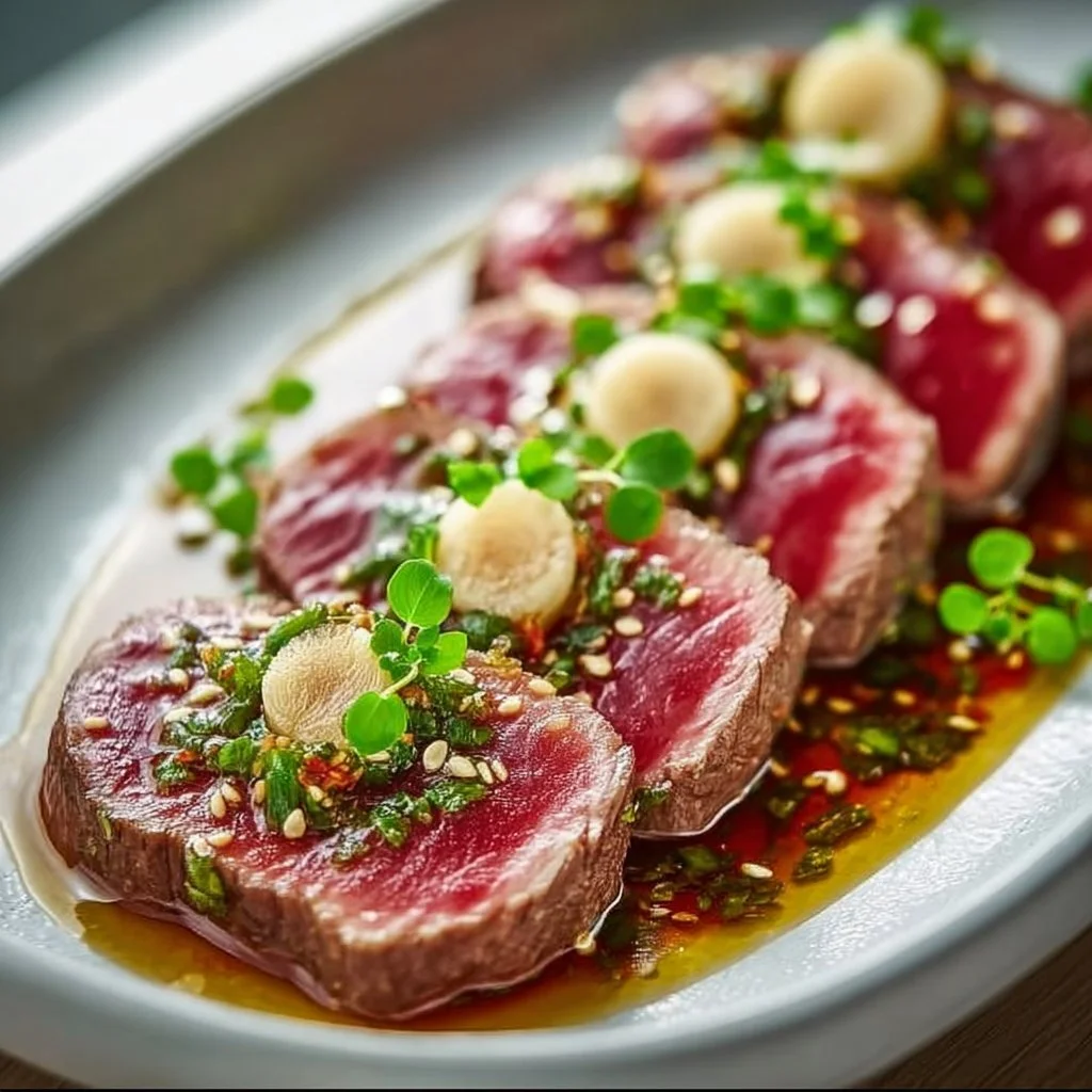 Deliciously seared beef tataki served with dipping sauce and garnishes.