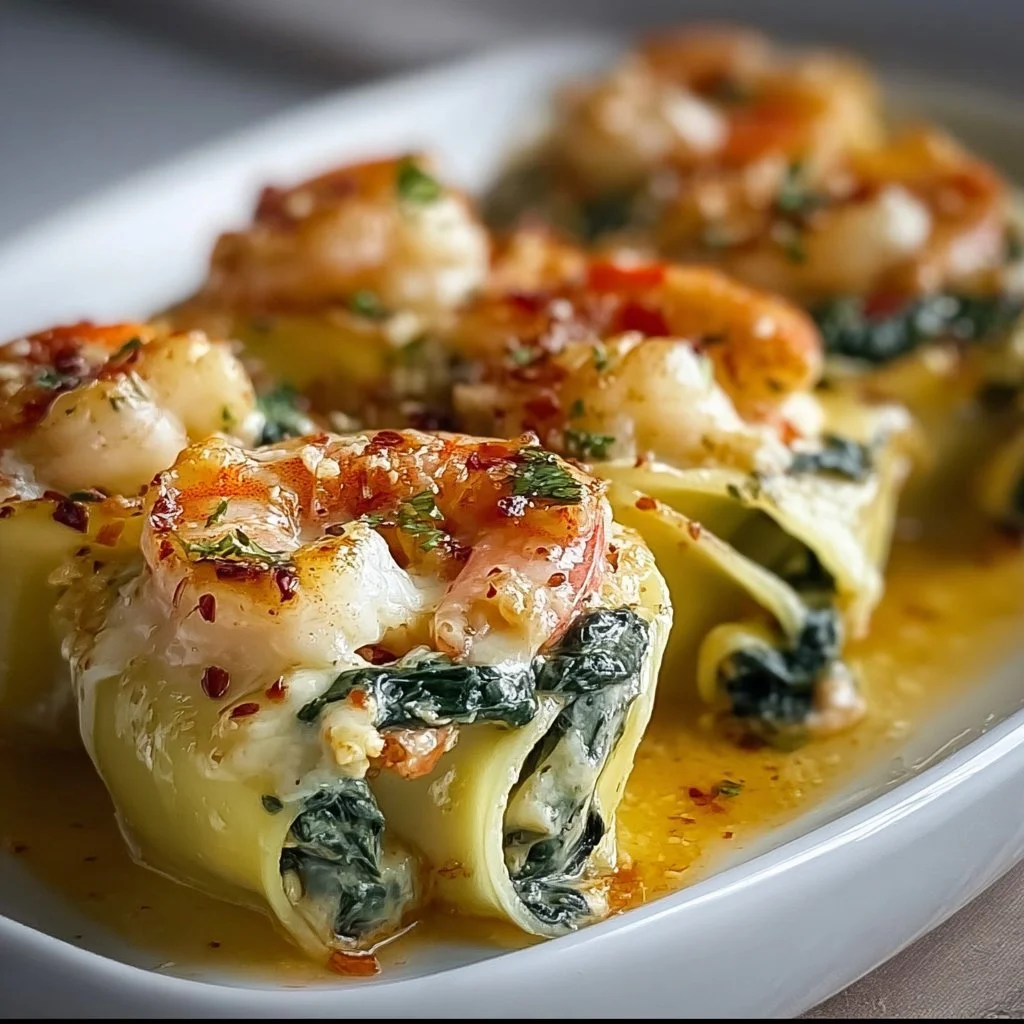 Shrimp and spinach stuffed pasta rolls served with tomato sauce