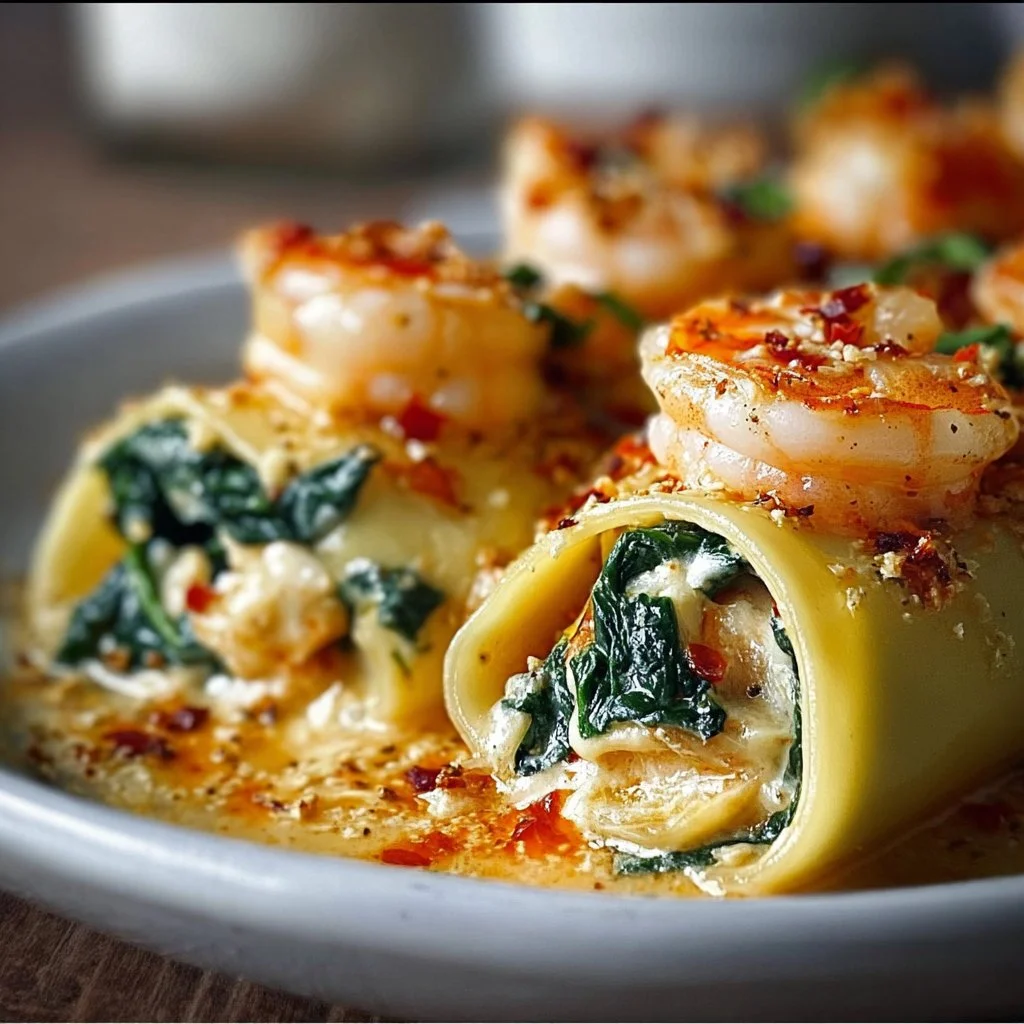 Shrimp and Spinach Stuffed Pasta Rolls