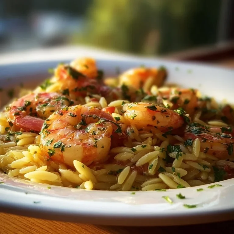 Shrimp Orzo in Lemon Garlic Sauce served in a bowl with fresh herbs