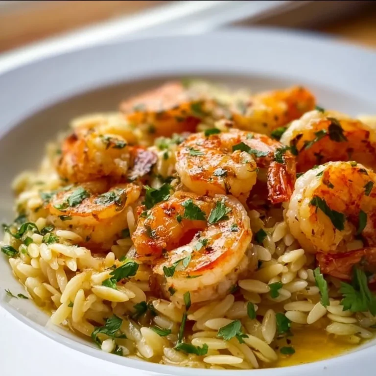 Shrimp orzo dish with lemon garlic sauce served in a bowl