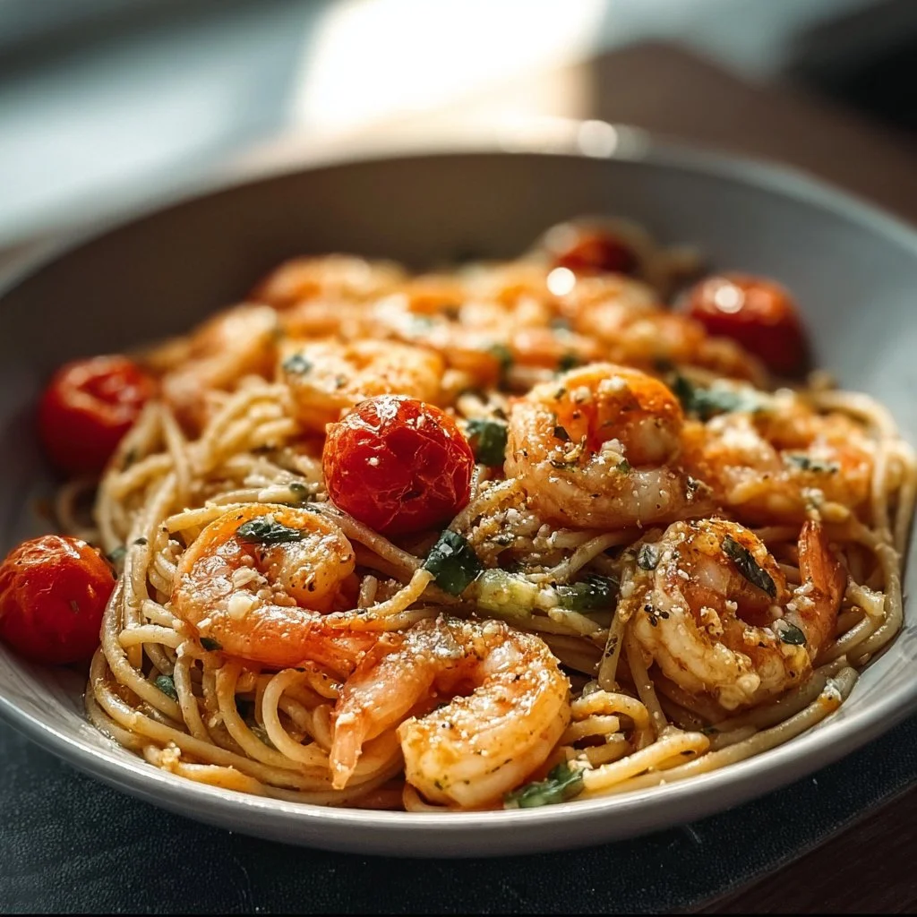 Delicious shrimp pasta dish served with herbs and vegetables.