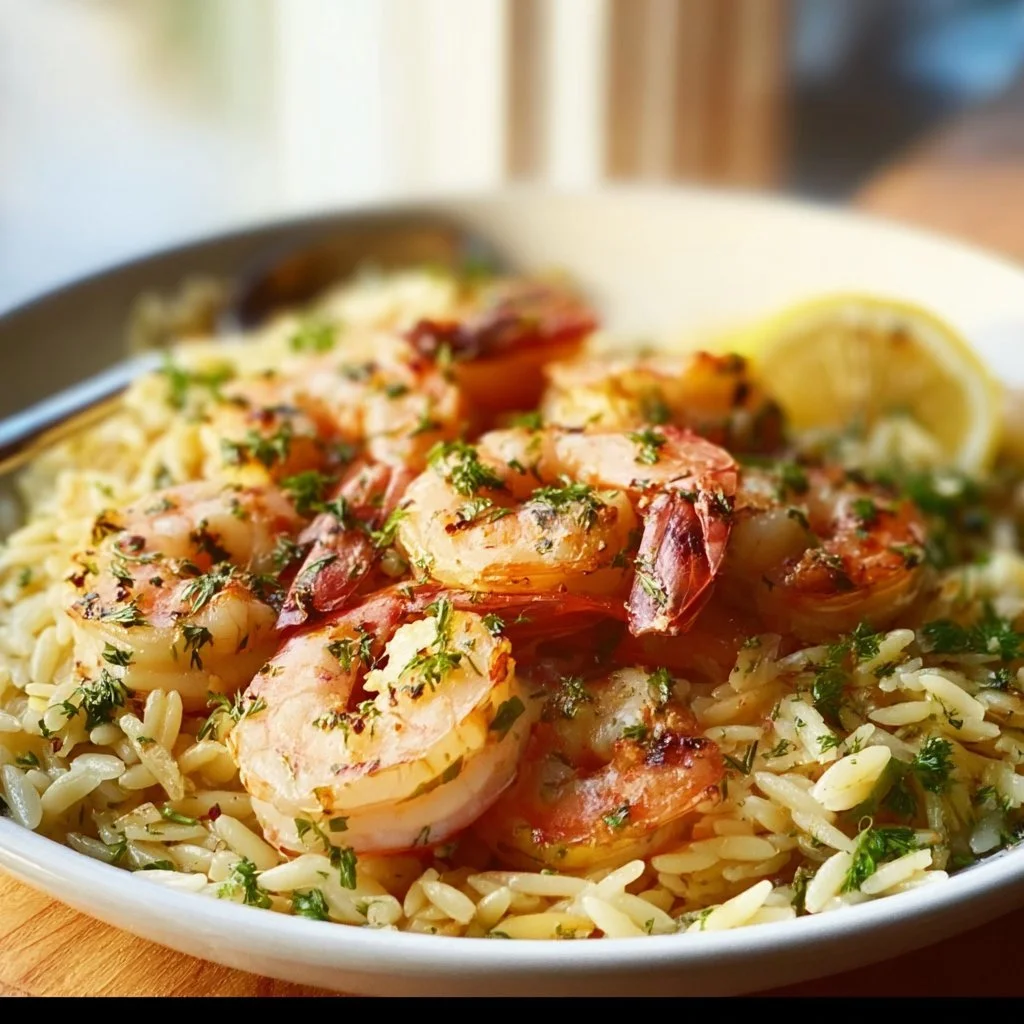 Plate of Shrimp Scampi with Orzo garnished with herbs and lemon