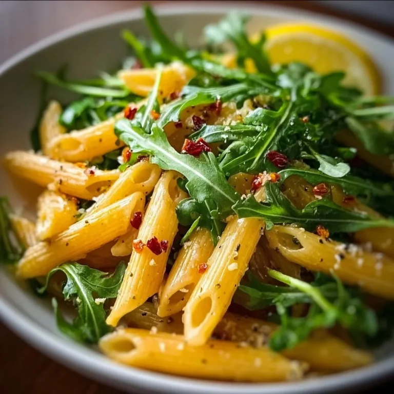 Simple lemon arugula spicy penne dish with vibrant flavors and fresh ingredients