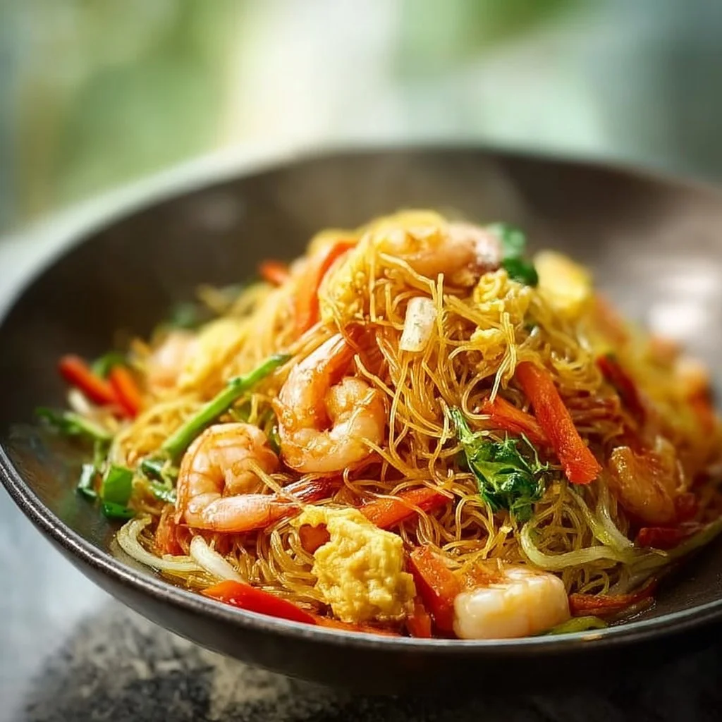 Plate of colorful Singapore Noodles with shrimp and vegetables