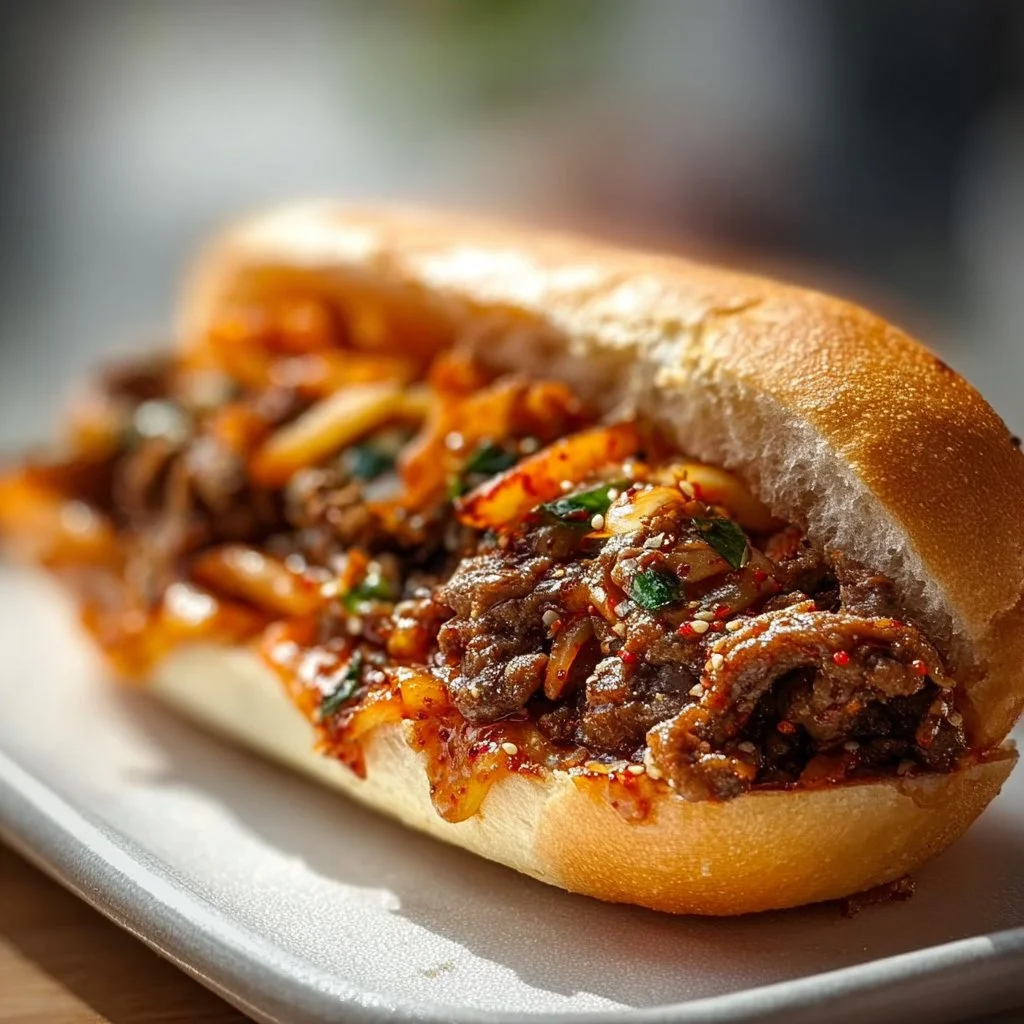 Delicious Spicy Kimchi Bulgogi Cheesesteak with vibrant toppings