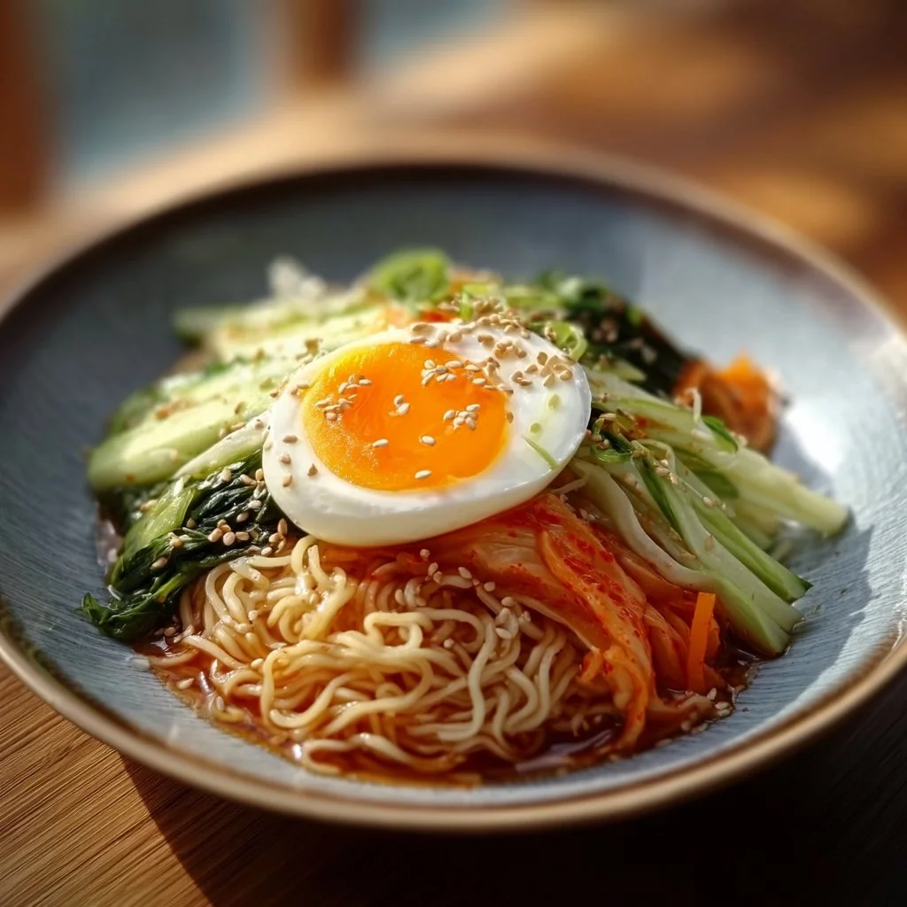 Bowl of spicy mixed noodles topped with vegetables and herbs