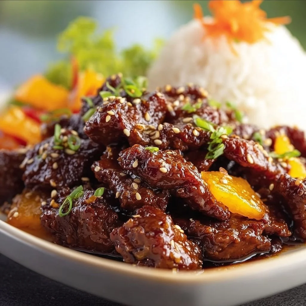 Delicious Sticky Orange Beef dish with vibrant sauce on a plate.